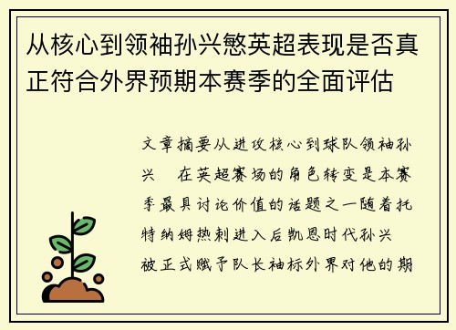 从核心到领袖孙兴慜英超表现是否真正符合外界预期本赛季的全面评估 从核心到领袖孙兴慜英超表现是否真正符合外界预期本赛季的全面评估